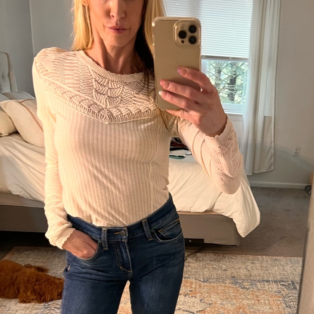 Free People Ivory Crochet Knit Ribbed Sweater